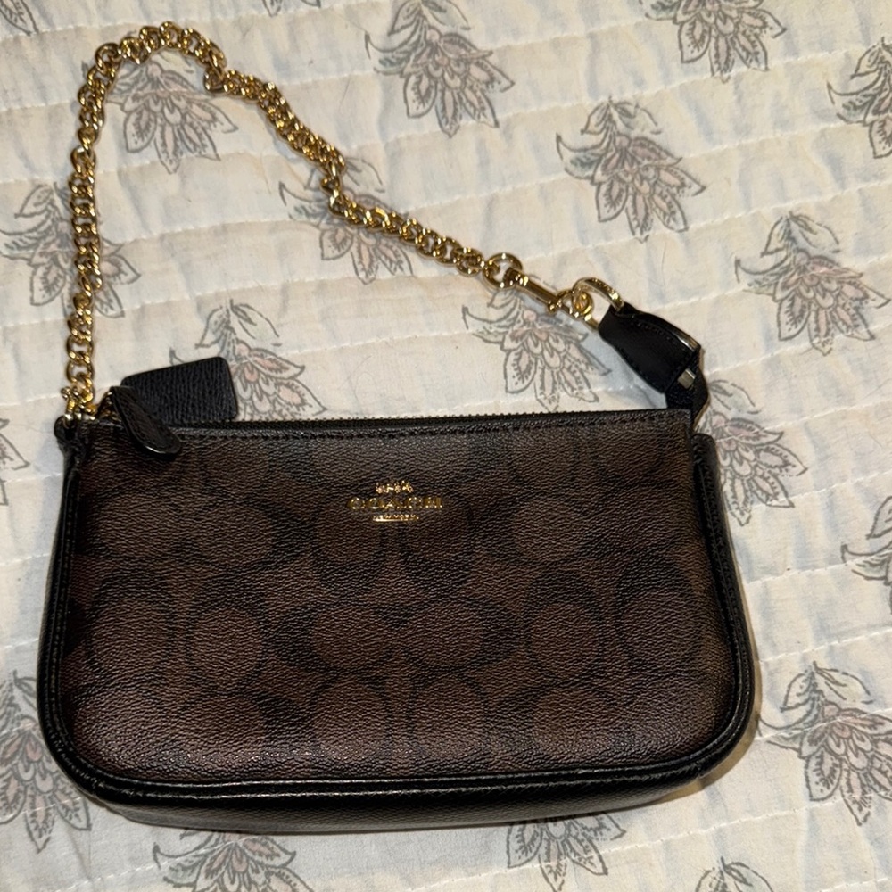 Coach Signature Brown Wristlet with Gold Chain